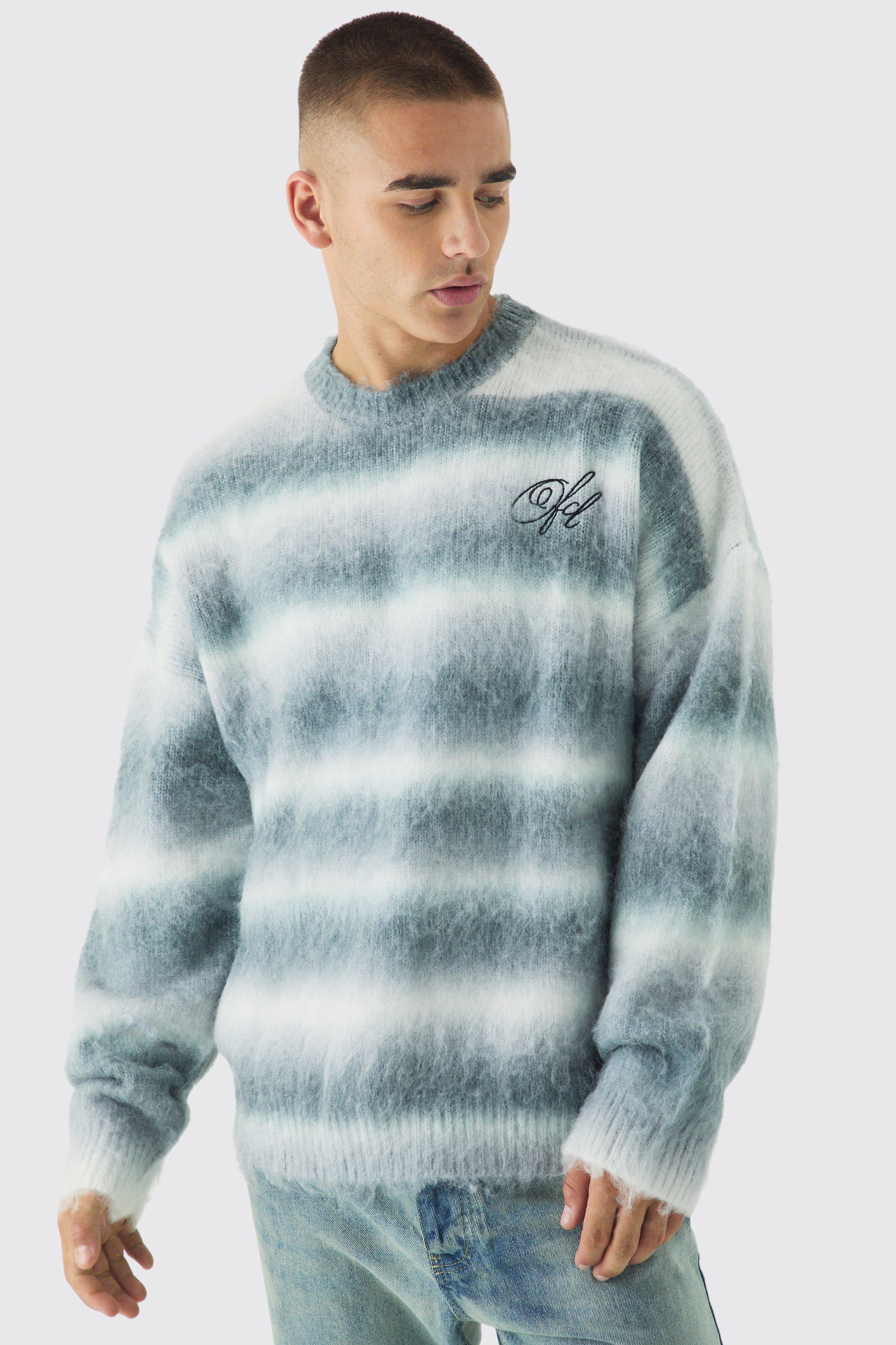 Mens Grey Oversized Boxy OFCL Brushed Ombre Stripe Knitted Embroidered Jumper, Grey